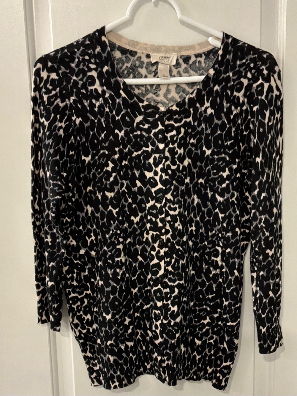 LOFT Black and Cream Leopard Print Cardigan Sweater